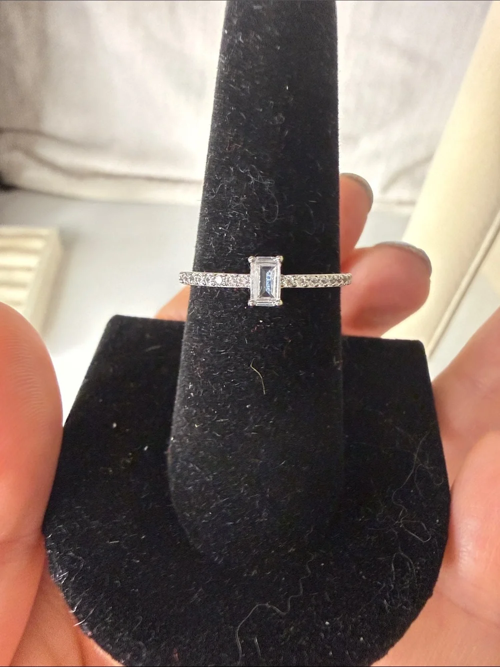 Women’s Silver Baguette Halo Ring with Pavé Band